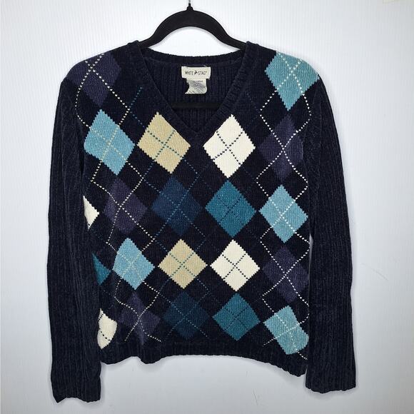 Vintage Y2K Argyle Chenille Sweater Women Large 12/14 Academia Preppy White Stag - Picture 8 of 8